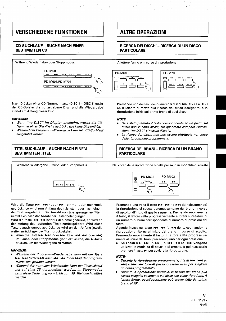 Titelsuchlauf - suche nach einem bestimmten titel, Verschiedene funktionen altre operazioni | Pioneer PD-M603 User Manual | Page 31 / 69