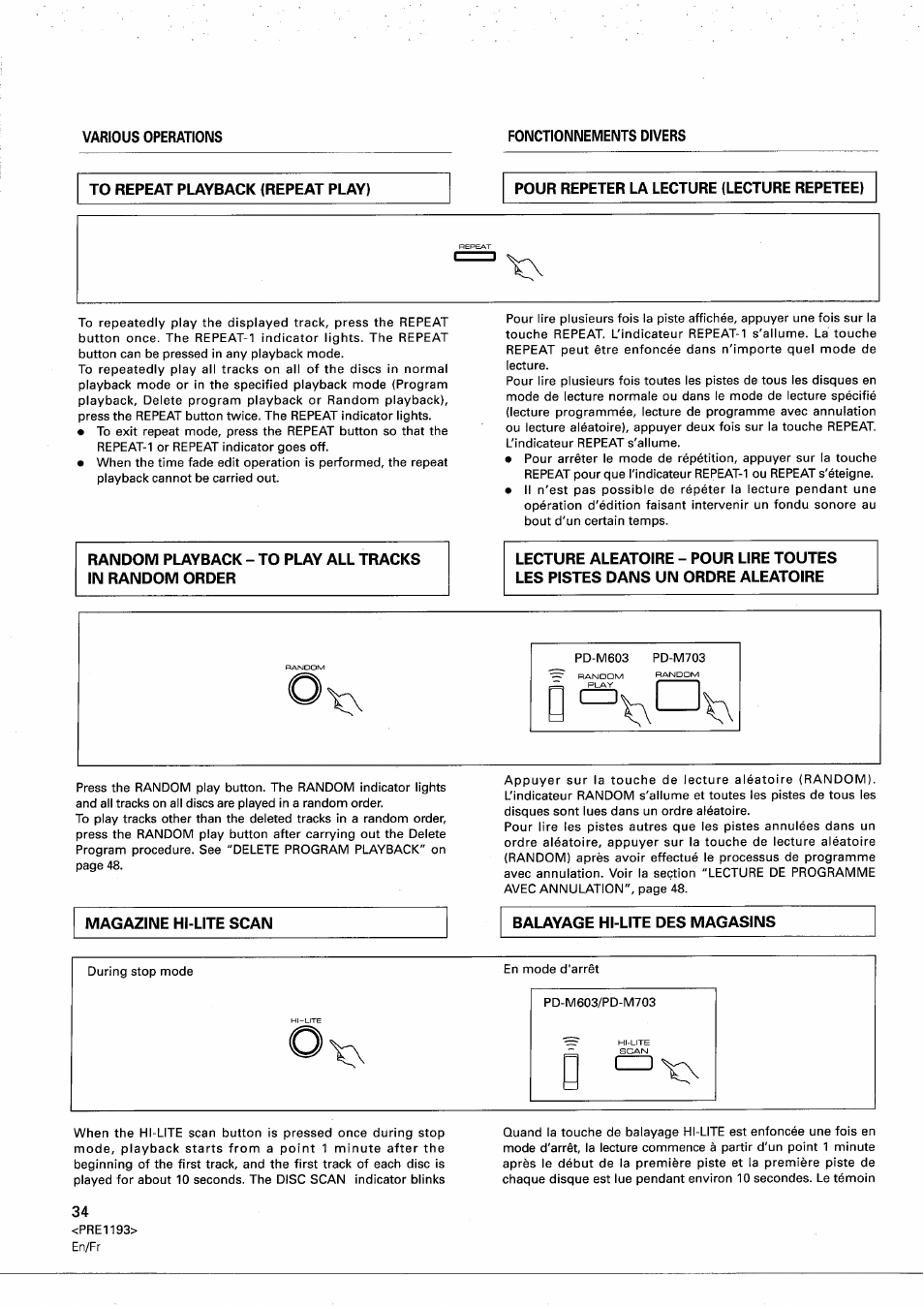 To repeat playback (repeat play), Magazine hi-lite scan, Balayage hi-lite des magasins | En/fr | Pioneer PD-M603 User Manual | Page 34 / 69