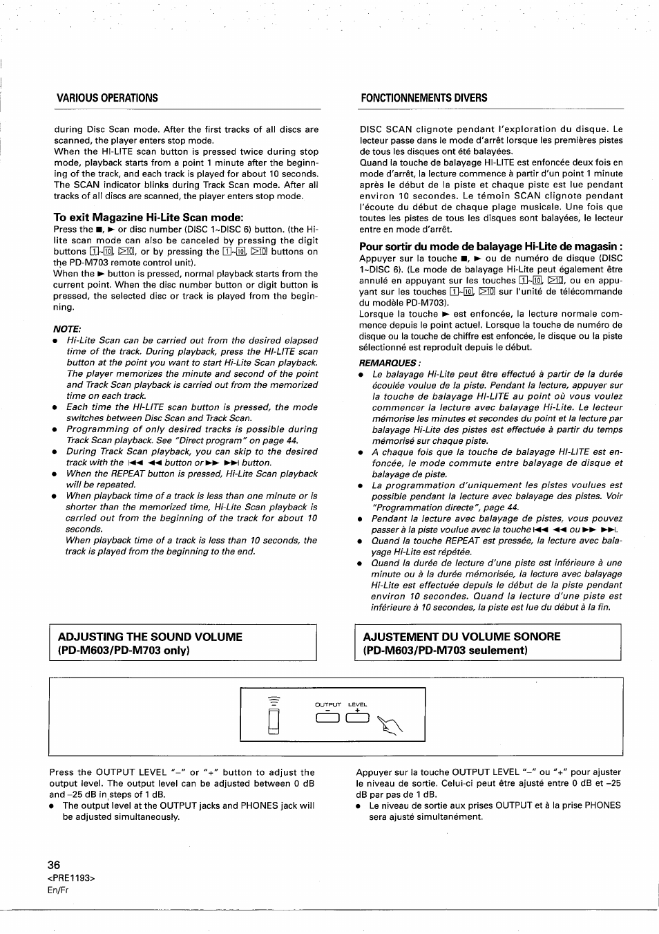 To exit magazine hi-lite scan mode, Pour sortir du mode de balayage hi-lite de magasin, Adjusting the sound volume (pd-m603/pd-m703 only) | Pioneer PD-M603 User Manual | Page 36 / 69