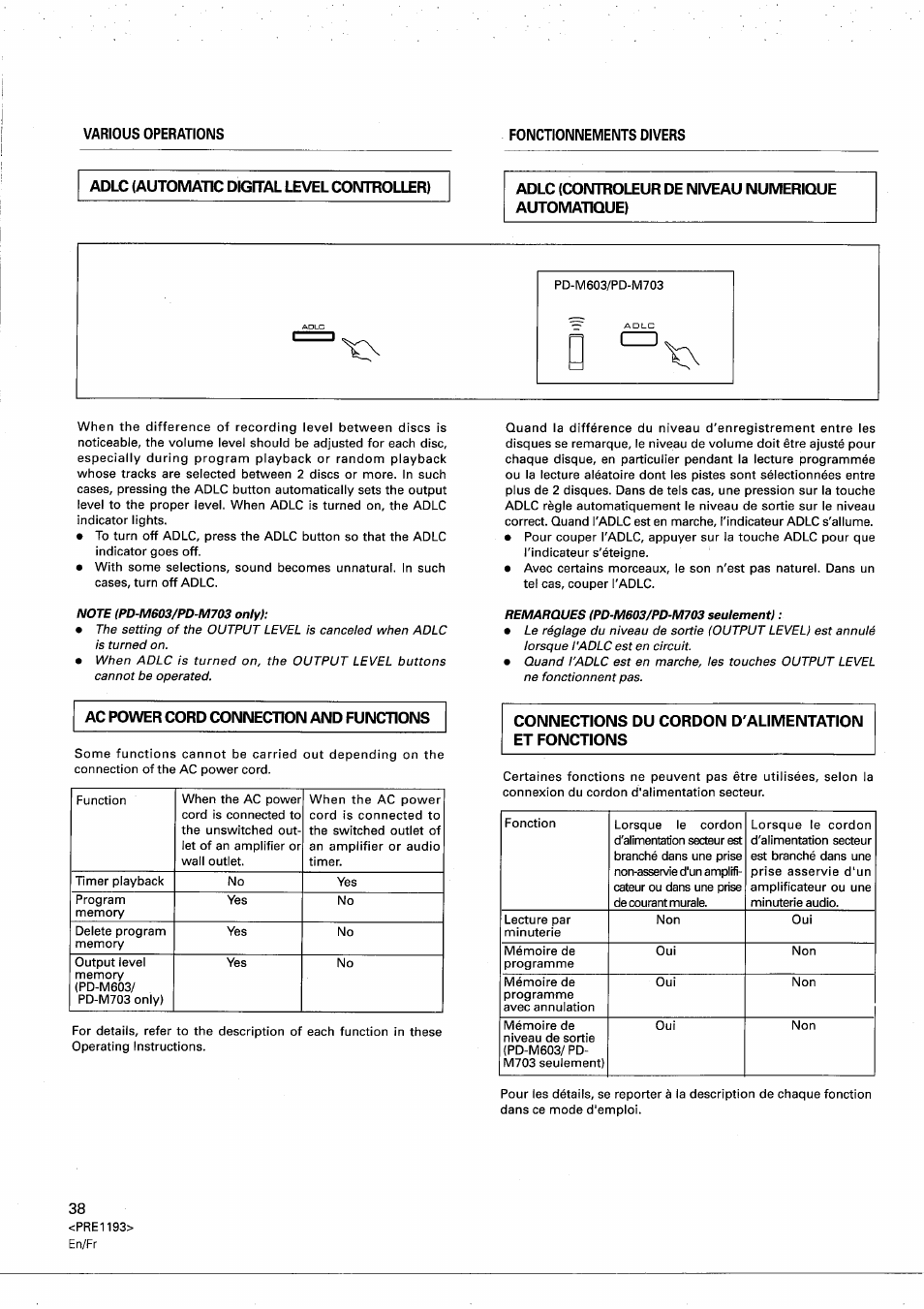 Ac power cord connection and functions, Connections du cordon d'alimentation et fonctions | Pioneer PD-M603 User Manual | Page 38 / 69