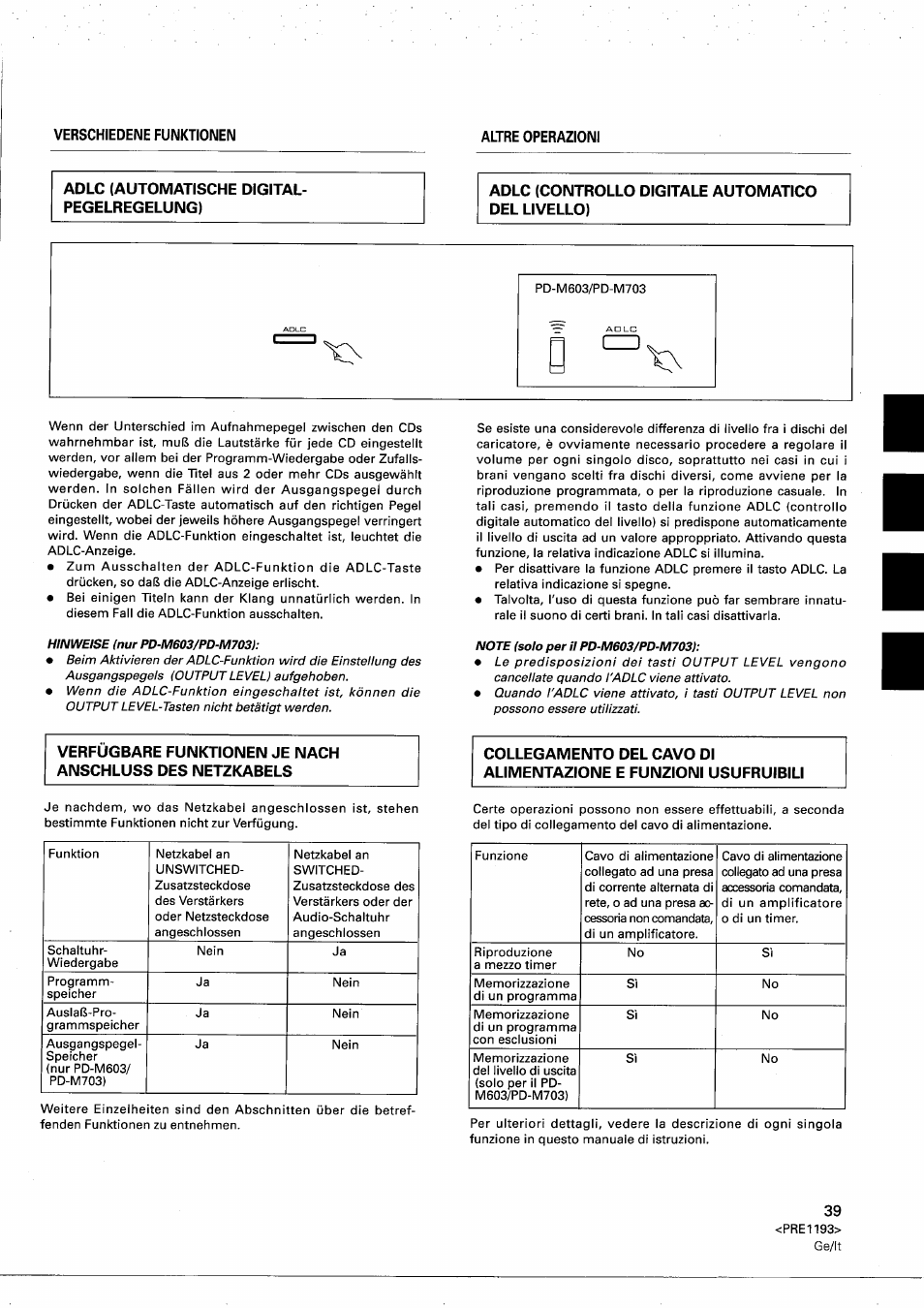 Adlc (automatische digitalpegelregelung), Adlc (controllo digitale automatico del livello) | Pioneer PD-M603 User Manual | Page 39 / 69