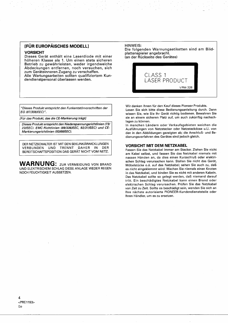 Vorsicht, N ass 1, Vorsicht mit dem netzkabel | Für europäisches modell, Warnung, N ass 1 laser product | Pioneer PD-M603 User Manual | Page 4 / 69