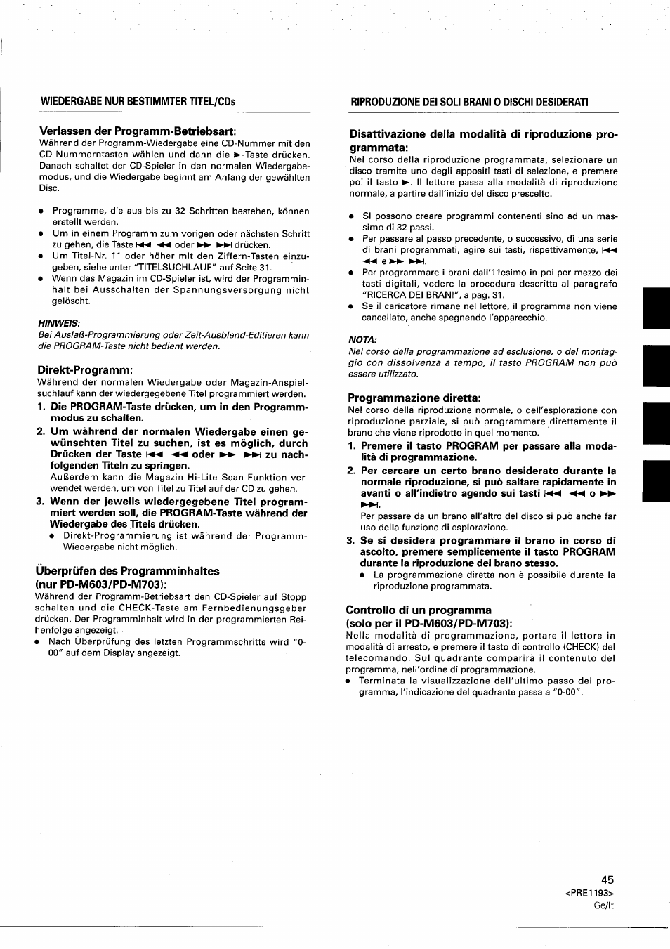 Verlassen der programm-betriebsart, Direkt-programm, Programmazione diretta | Pioneer PD-M603 User Manual | Page 45 / 69