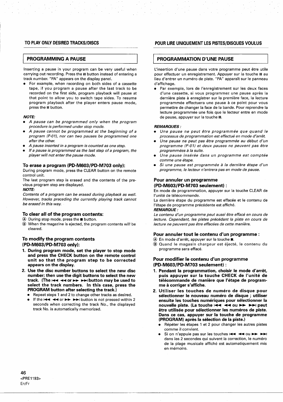 Programming a pause, Programmation d'une pause, To erase a program (pd-m603/pd-m703 only) | To clear all of the program contents, Pour annuler tout le contenu d'un programme | Pioneer PD-M603 User Manual | Page 46 / 69