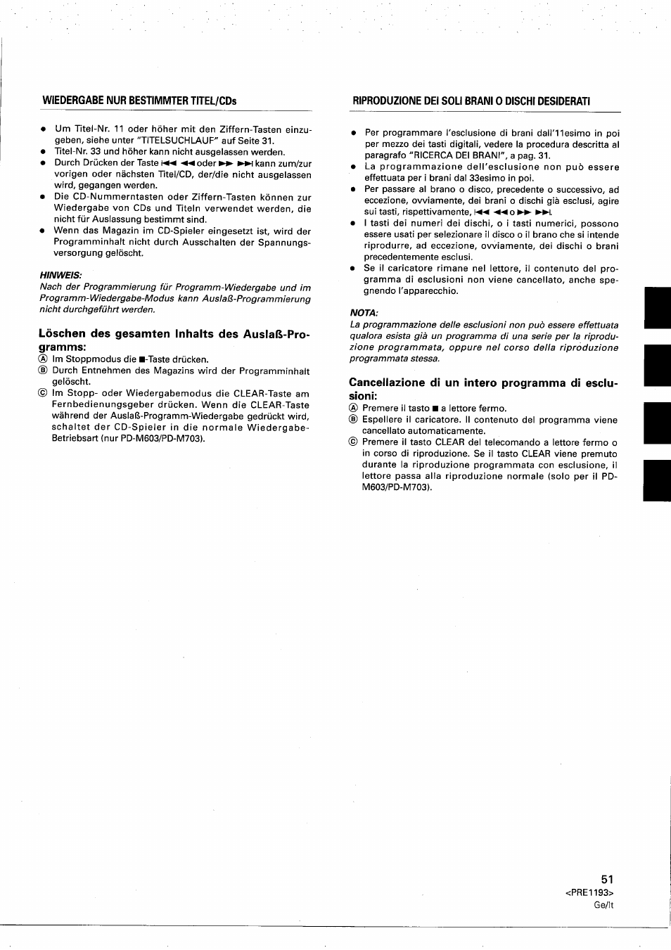 Löschen des gesamten inhalts des auslaß-programms, Cancellazione di un intero programma di esclusioni | Pioneer PD-M603 User Manual | Page 51 / 69