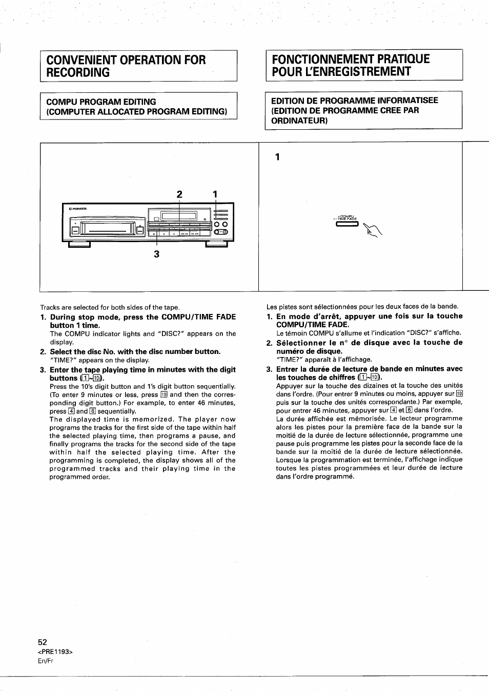 Convenient operation for recording, Fonctionnement pratique pour ^enregistrement, Compu program editing | Computer allocated program editing) | Pioneer PD-M603 User Manual | Page 52 / 69