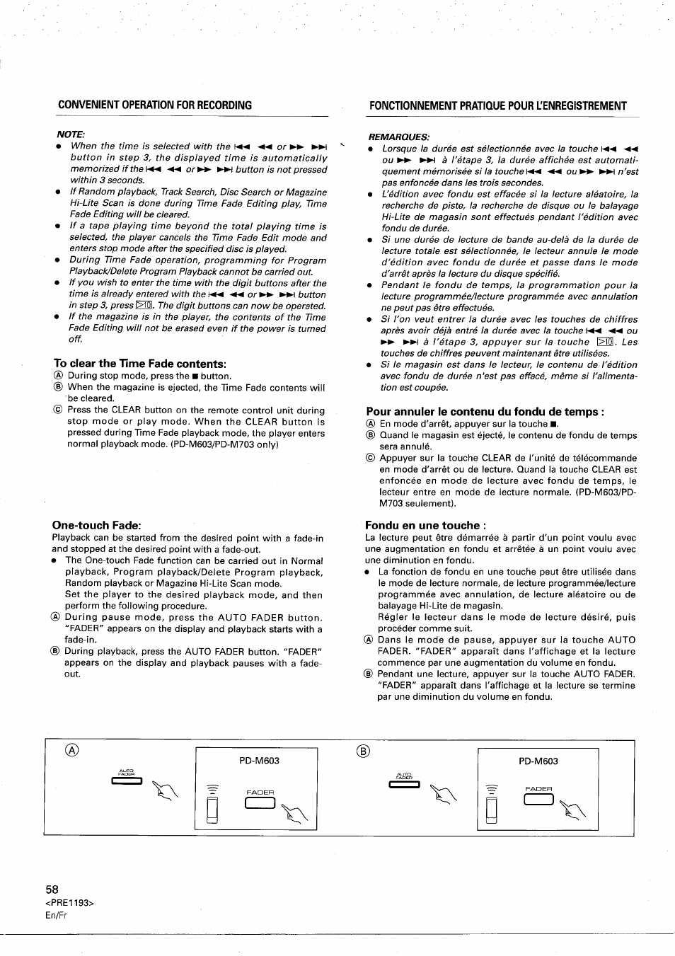 To clear the time fade contents, Pour annuler le contenu du fondu de temps, One-touch fade | Fondu en une touche | Pioneer PD-M603 User Manual | Page 58 / 69
