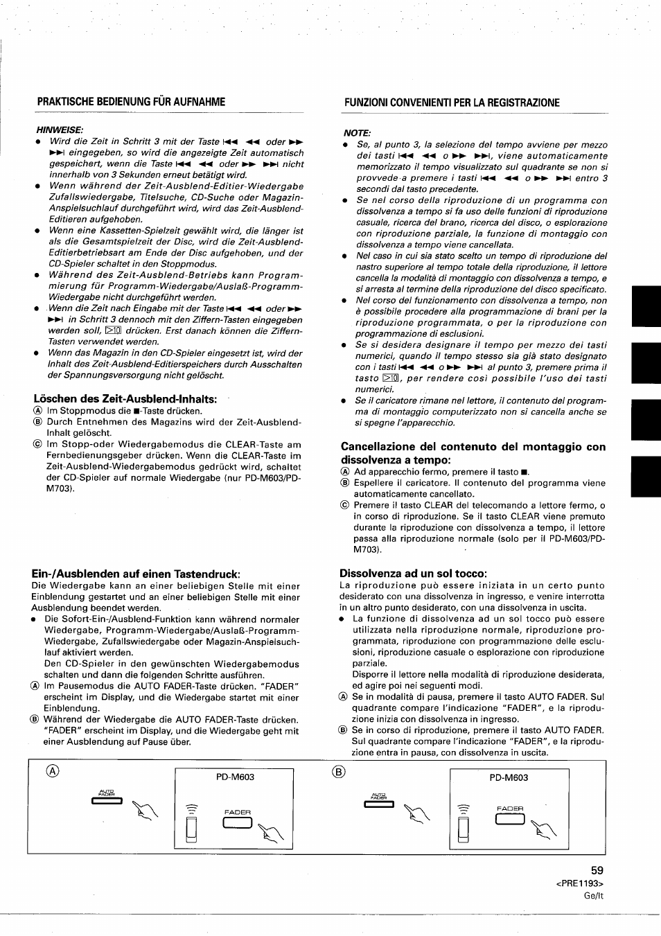 Löschen des zeit-ausblend-inhalts, Ein-/ausblenden auf einen tastendruck, Dissolvenza ad un sol tocco | Pioneer PD-M603 User Manual | Page 59 / 69