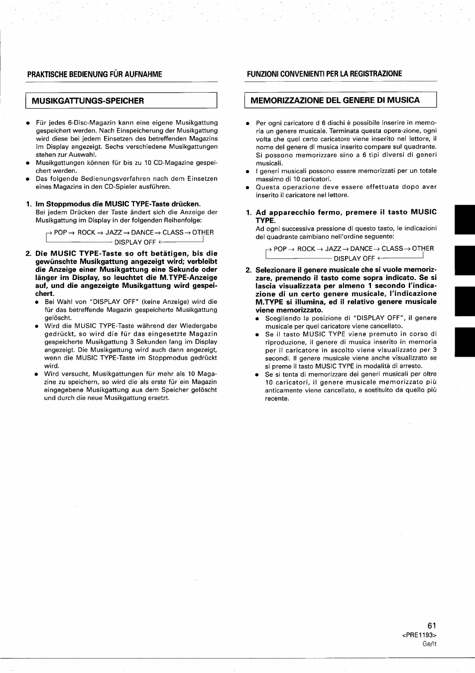 Musikgattungs-speicher, Memorizzazione del genere di musica | Pioneer PD-M603 User Manual | Page 61 / 69