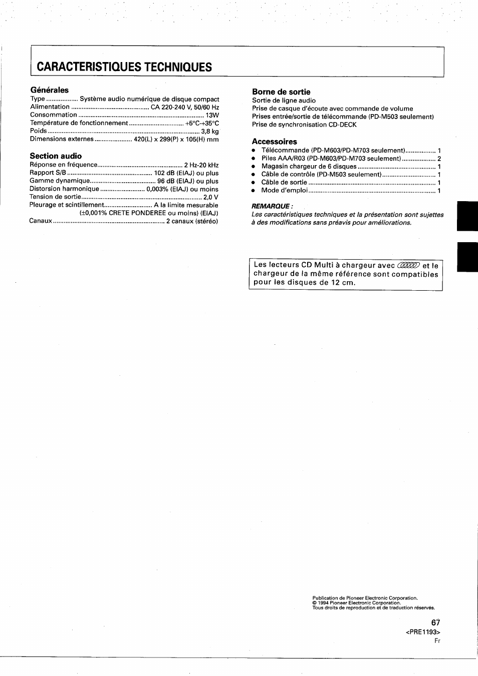 Générales, Borne de sortie, Accessoires | Pioneer PD-M603 User Manual | Page 67 / 69