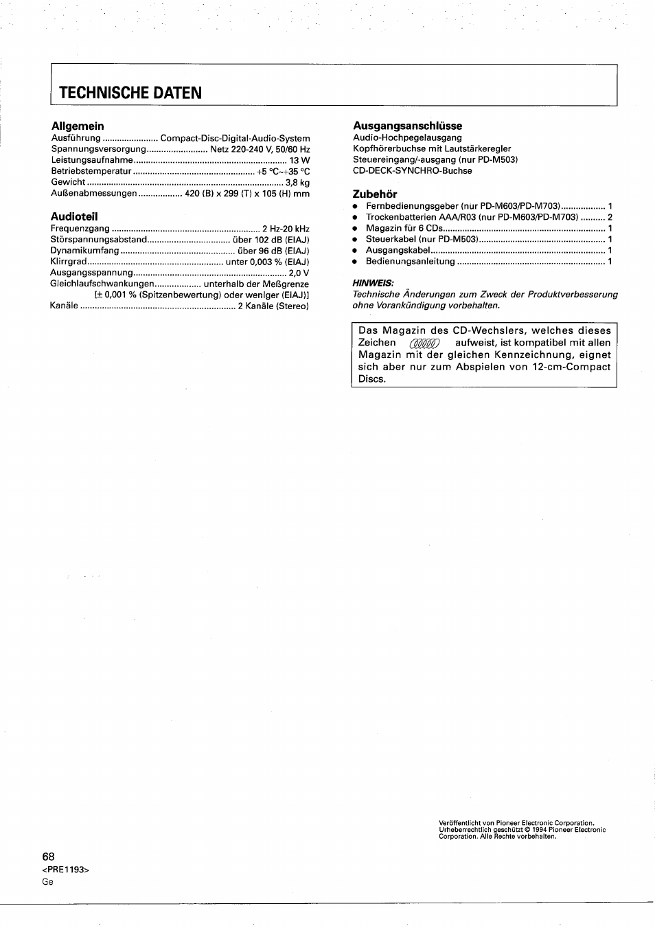 Allgemein, Audioteil, Ausgangsanschlüsse | Zubehör | Pioneer PD-M603 User Manual | Page 68 / 69