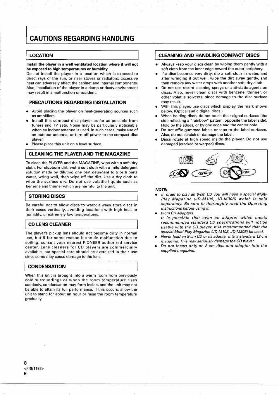 Location, Condensation, Cleaning and handling compact discs | Pioneer PD-M603 User Manual | Page 8 / 69