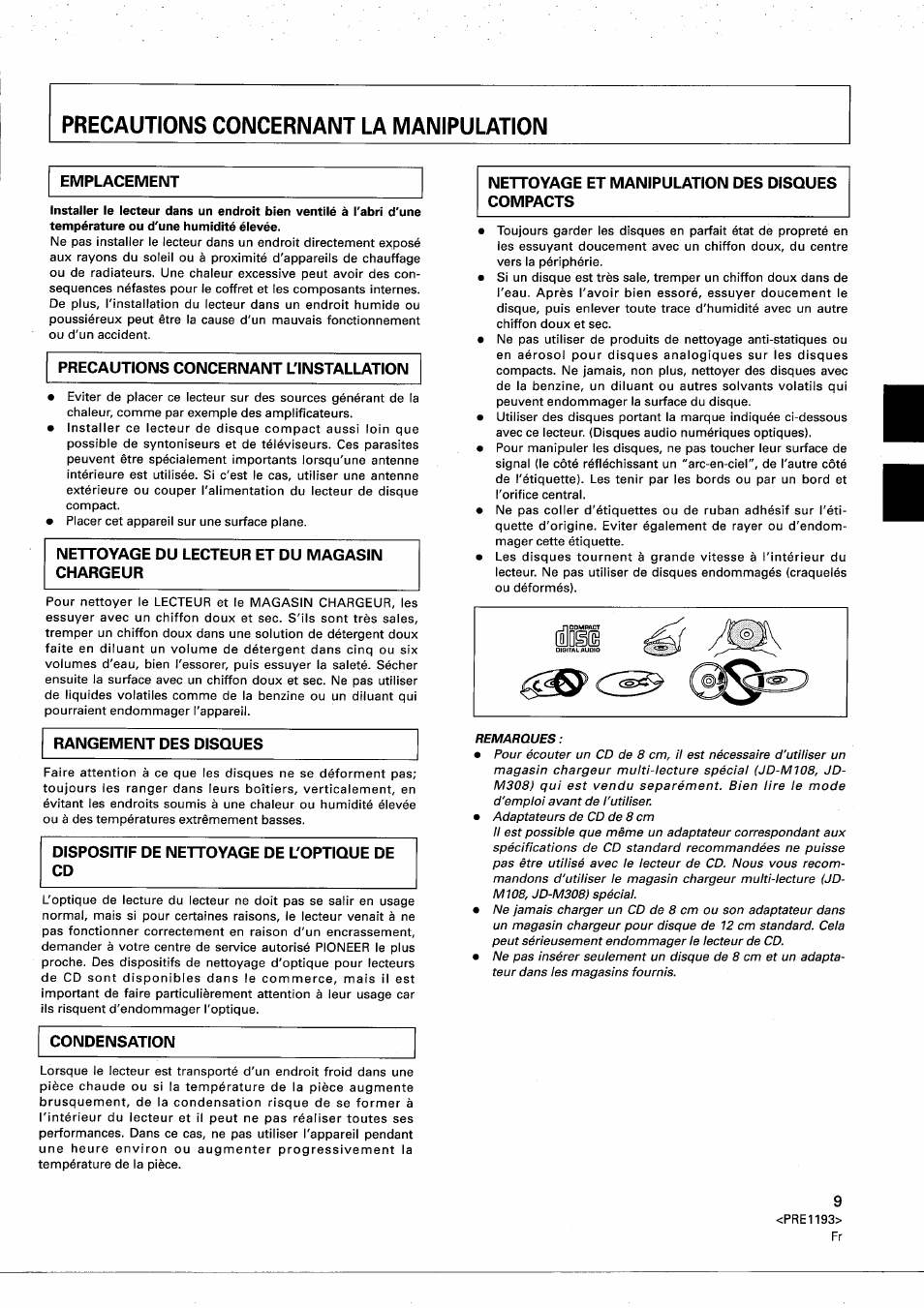 Nettoyage du lecteur et du magasin chargeur, Condensation, Nettoyage et manipulation des disques compacts | Pioneer PD-M603 User Manual | Page 9 / 69