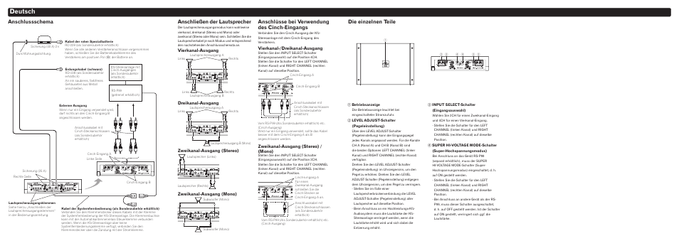 Deutsch, Anschlussschema anschließen der lautsprecher, Anschlüsse bei verwendung des cinch-eingangs | Die einzelnen teile, Crd4504-a, Vierkanal-ausgang, Dreikanal-ausgang, Zweikanal-ausgang (stereo), Zweikanal-ausgang (mono), Vierkanal-/dreikanal-ausgang | Pioneer RS-A99 User Manual | Page 5 / 8