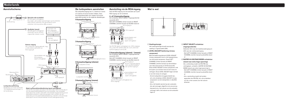 Nederlands, Aansluitschema de luidsprekers aansluiten, Aansluiting via de rca-ingang | Wat is wat, Crd4504-a, Kanaalsuitgang, Kanaalsuitgang (stereo), Kanaalsuitgang (mono), Of 3-kanaalsuitgang, Kanaalsuitgang (stereo) / (mono) | Pioneer RS-A99 User Manual | Page 6 / 8