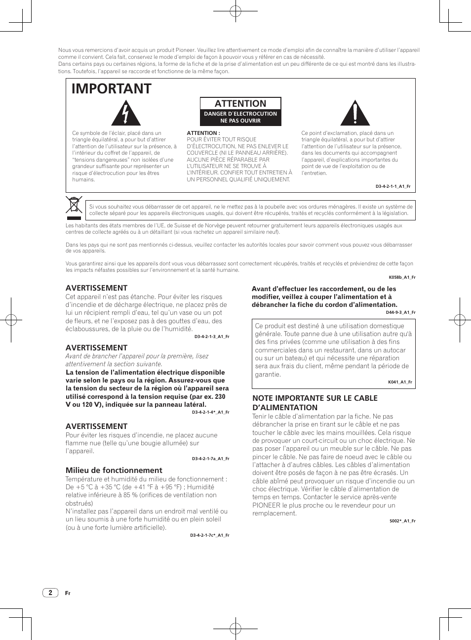 Important, Attention, Avertissement | Milieu de fonctionnement | Pioneer DJM-850-S User Manual | Page 28 / 84