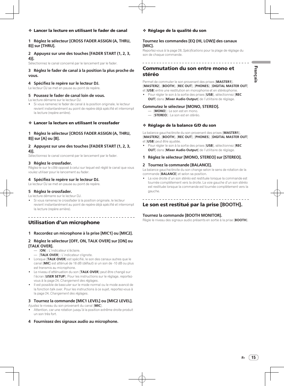 Utilisation d’un microphone, Commutation du son entre mono et stéréo, Le son est restitué par la prise [booth | Pioneer DJM-850-S User Manual | Page 41 / 84