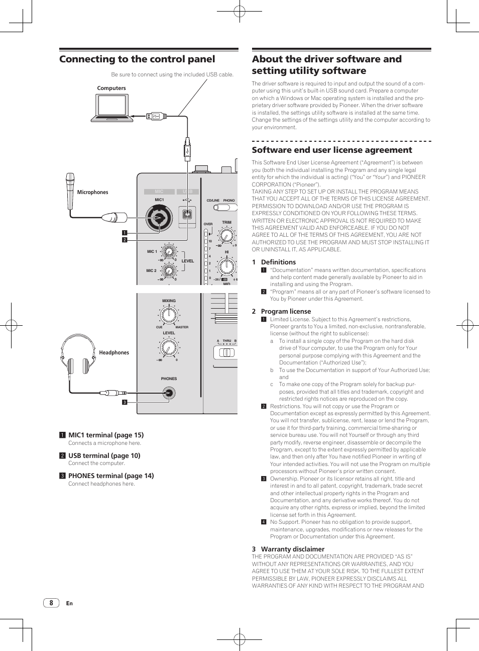 Connecting to the control panel, Software end user license agreement | Pioneer DJM-850-S User Manual | Page 8 / 84