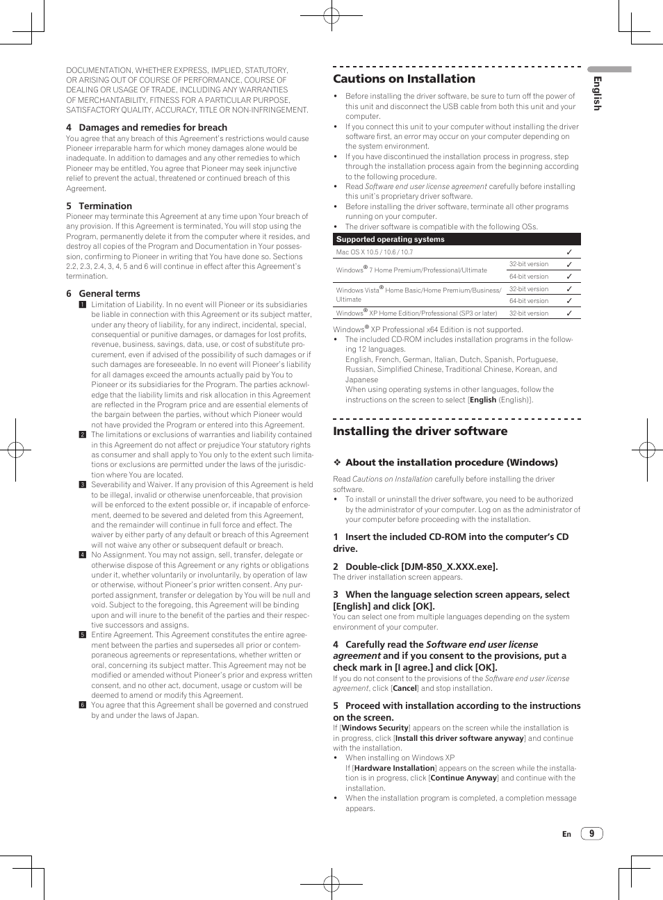 Cautions on installation, Installing the driver software | Pioneer DJM-850-S User Manual | Page 9 / 84