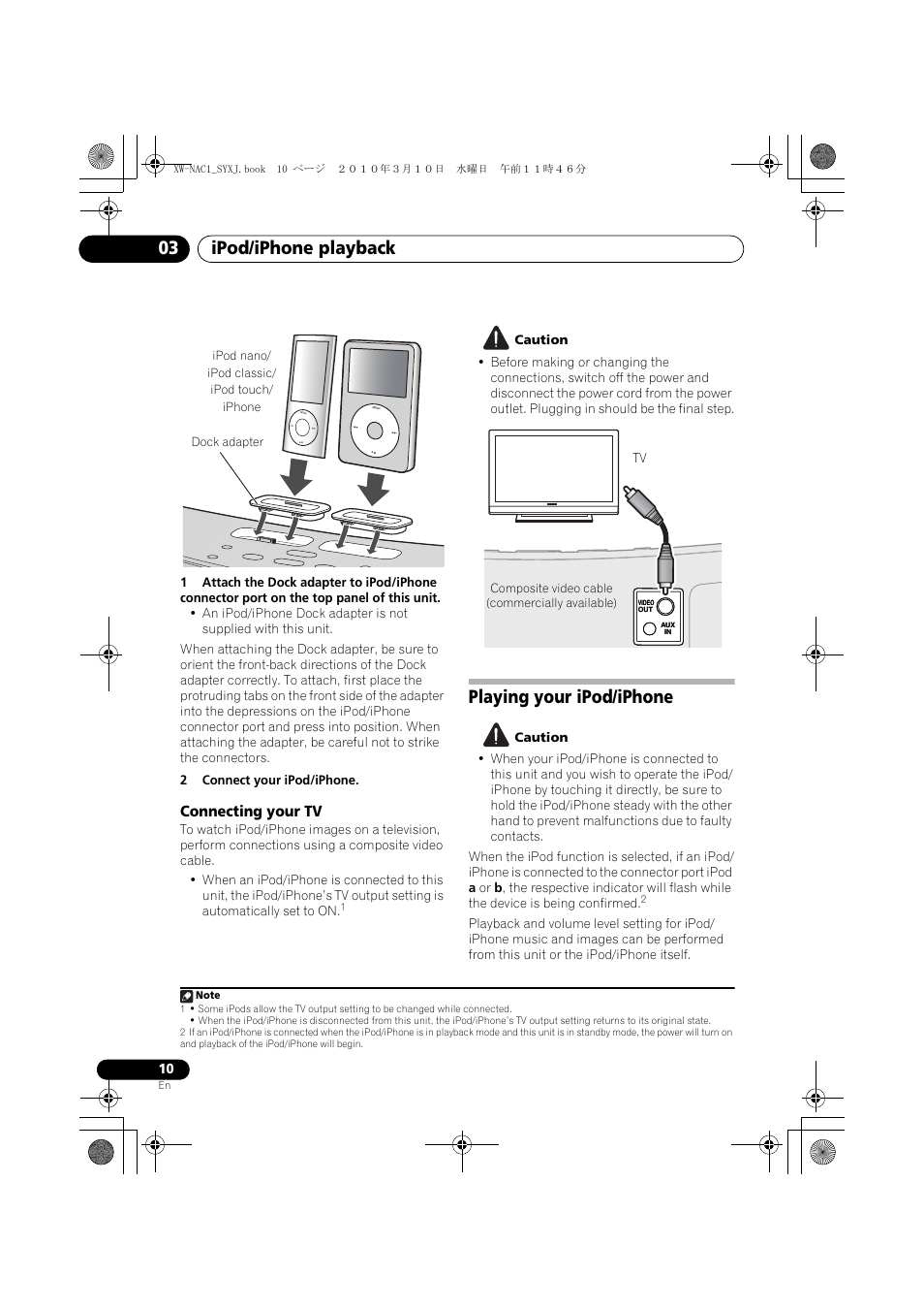 Connecting your tv, Playing your ipod/iphone, Ipod/iphone playback 03 | Pioneer XW-NAC1 User Manual | Page 10 / 64