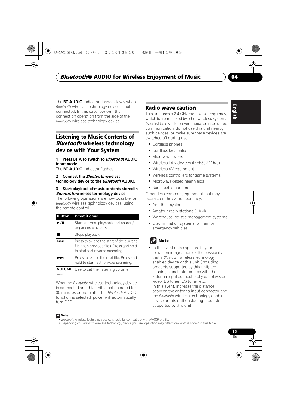 Listening to music contents of bluetooth wireless, Technology device with your system, Radio wave caution | Bluetooth, Audio for wireless enjoyment of music 04, Listening to music contents of, Wireless technology device with your system | Pioneer XW-NAC1 User Manual | Page 15 / 64