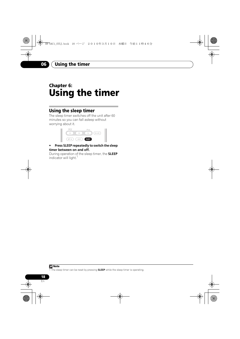 06 using the timer, Using the sleep timer, Using the timer | Using the timer 06, Chapter 6 | Pioneer XW-NAC1 User Manual | Page 18 / 64