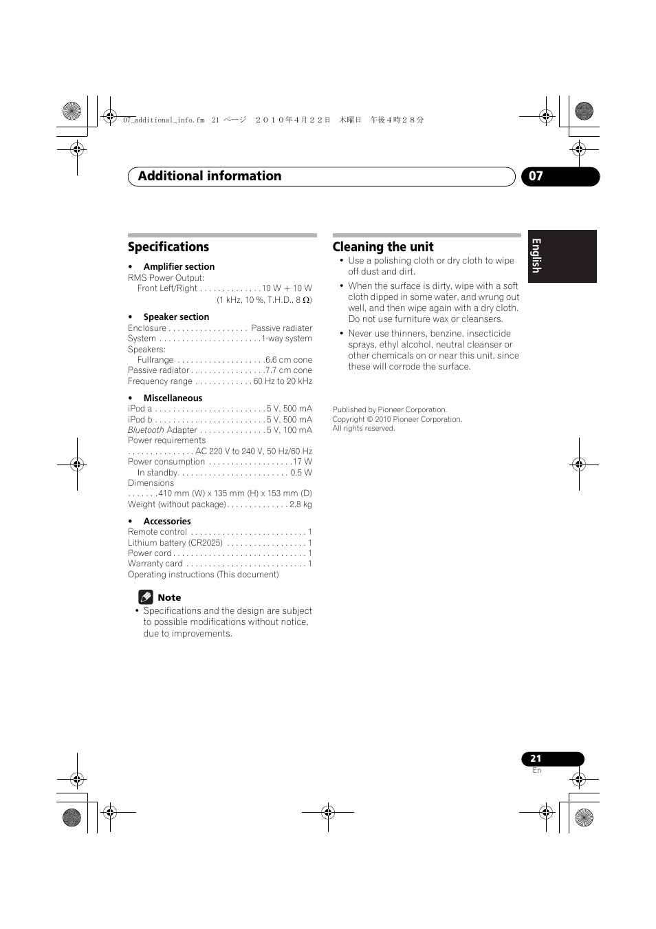 Specifications, Cleaning the unit, Additional information 07 | Pioneer XW-NAC1 User Manual | Page 21 / 64