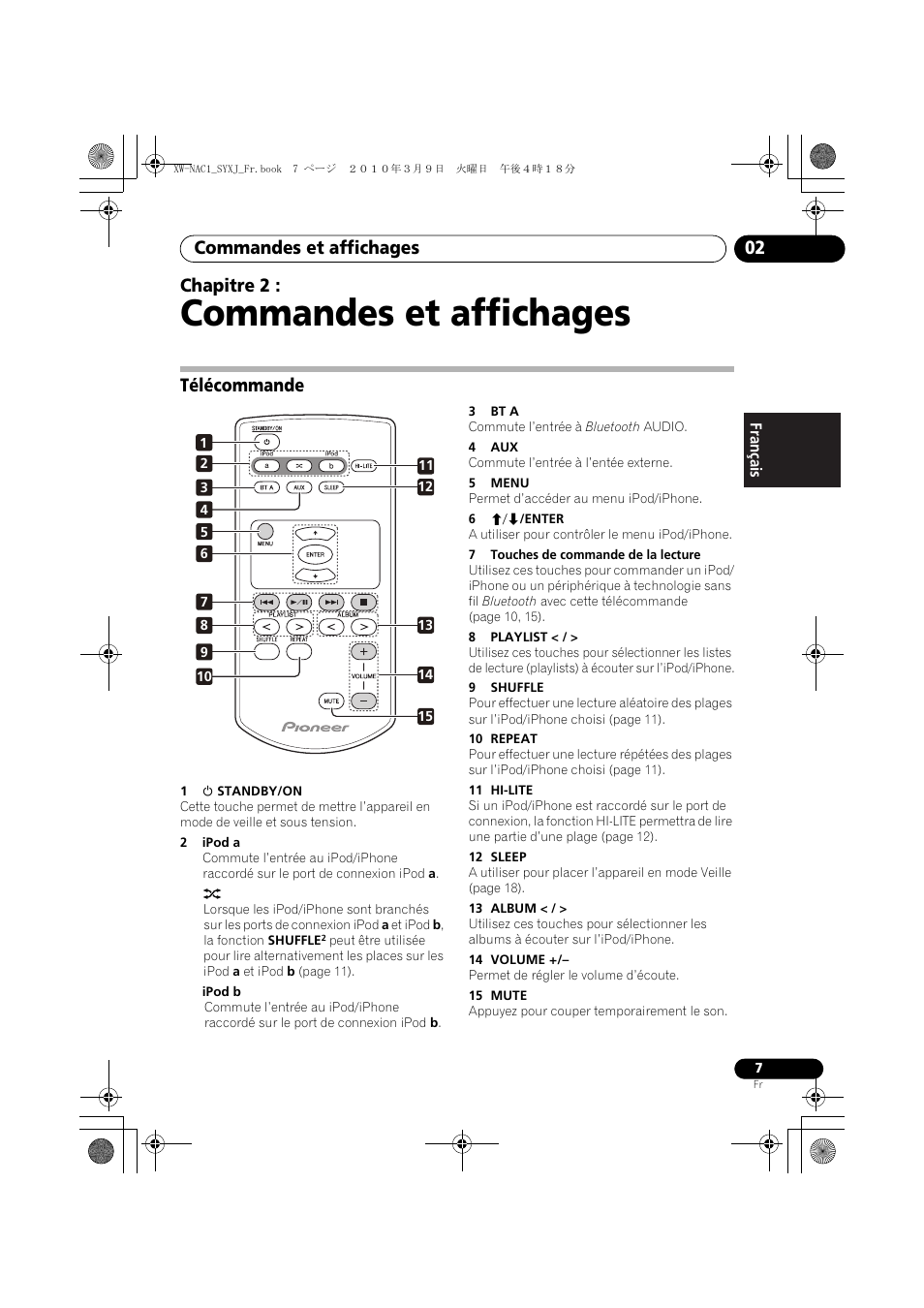 02 commandes et affichages, Télécommande, Commandes et affichages | Commandes et affichages 02, Chapitre 2 | Pioneer XW-NAC1 User Manual | Page 27 / 64