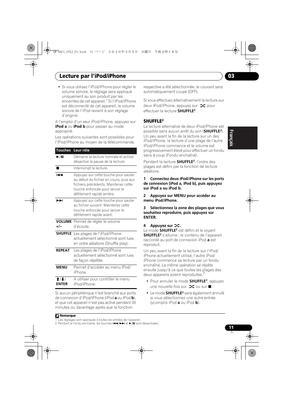 Shuffle, Lecture par l’ipod/iphone 03, English français español | Pioneer XW-NAC1 User Manual | Page 31 / 64