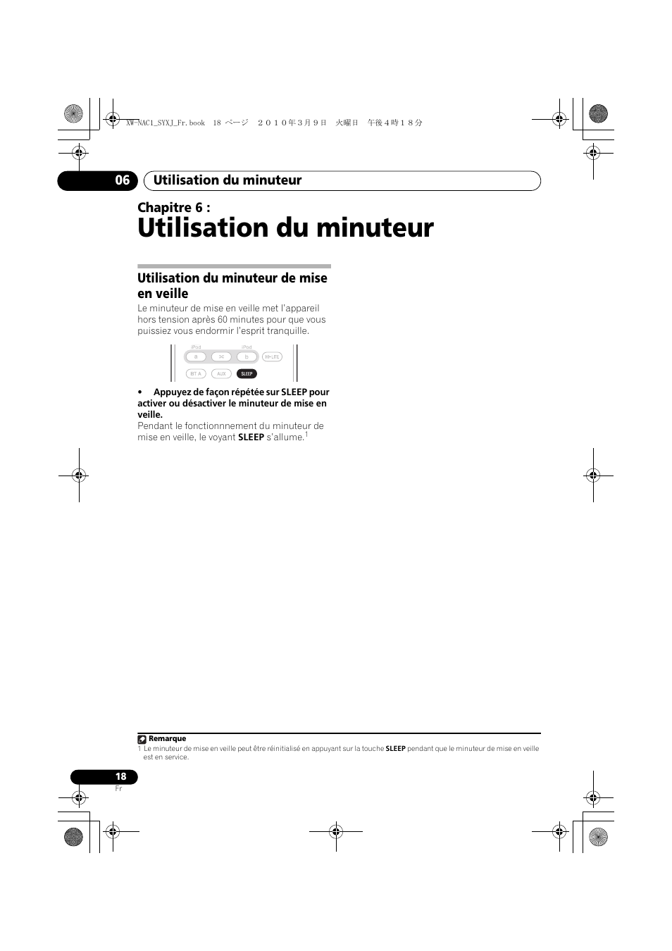 06 utilisation du minuteur, Utilisation du minuteur de mise en veille, Utilisation du minuteur | Utilisation du minuteur 06, Chapitre 6 | Pioneer XW-NAC1 User Manual | Page 38 / 64