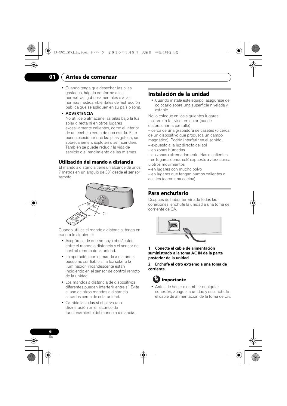 Utilización del mando a distancia, Instalación de la unidad para enchufarlo, Antes de comenzar 01 | Instalación de la unidad, Para enchufarlo | Pioneer XW-NAC1 User Manual | Page 46 / 64