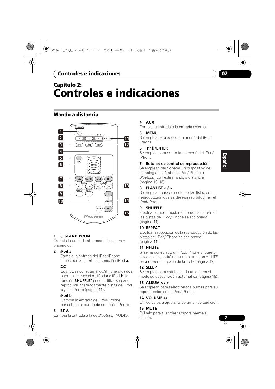 02 controles e indicaciones, Mando a distancia, Controles e indicaciones | Controles e indicaciones 02, Capítulo 2 | Pioneer XW-NAC1 User Manual | Page 47 / 64