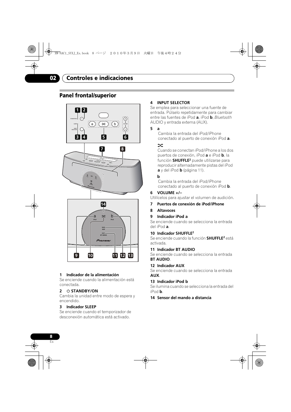 Panel frontal/superior, Controles e indicaciones 02 | Pioneer XW-NAC1 User Manual | Page 48 / 64