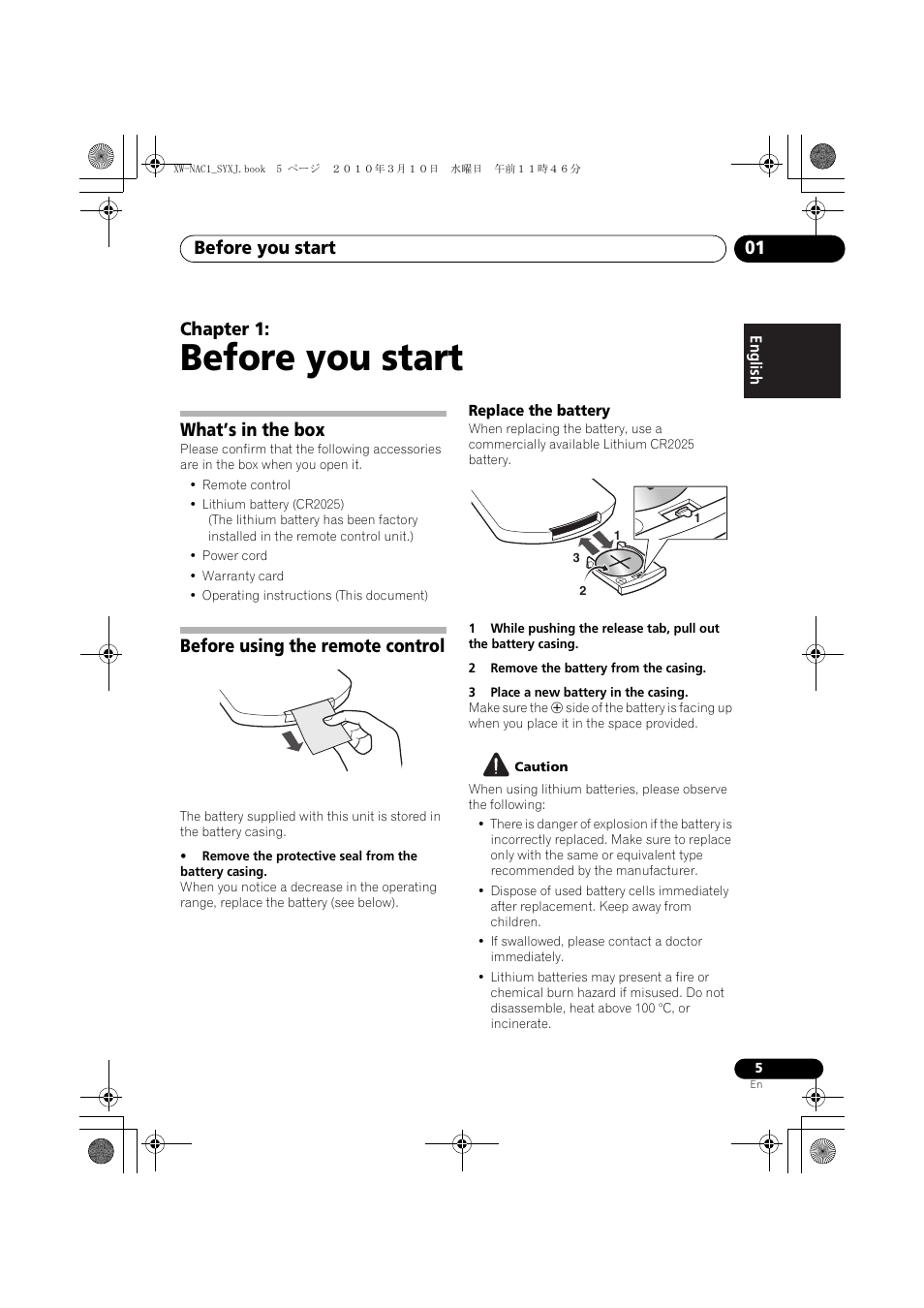 01 before you start, What’s in the box, Before using the remote control | Replace the battery, Before you start, Before you start 01, Chapter 1 | Pioneer XW-NAC1 User Manual | Page 5 / 64
