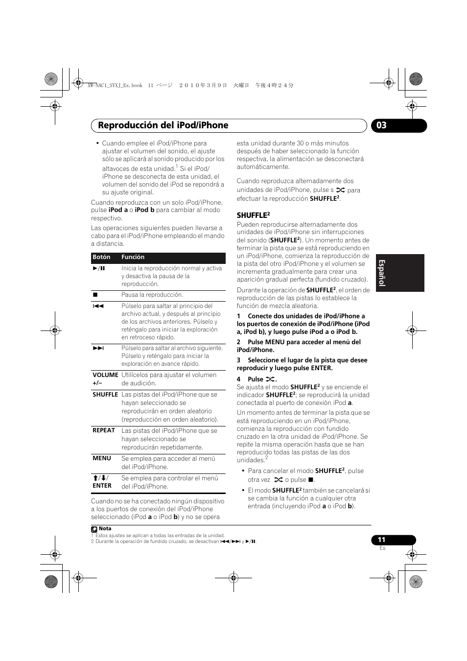 Shuffle, Reproducción del ipod/iphone 03, English français español | Pioneer XW-NAC1 User Manual | Page 51 / 64