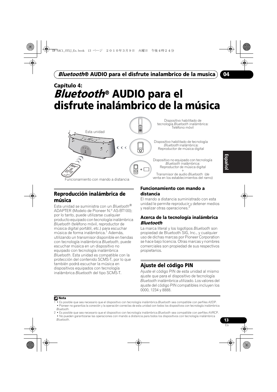 Bluetooth, Audio para el, Disfrute inalámbrico de la música | Reproducción inalámbrica de música, Ajuste del código pin, Audio para el disfrute inalámbrico de la música, Audio para el disfrute inalambrico de la musica 04, Capítulo 4 | Pioneer XW-NAC1 User Manual | Page 53 / 64