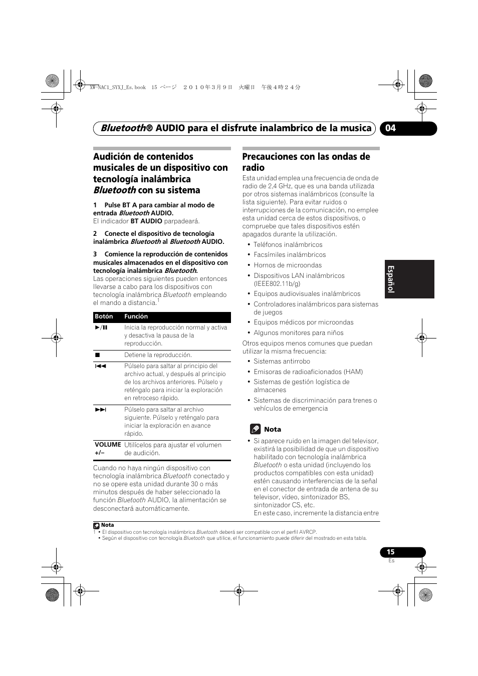 Bluetooth, Audio para el disfrute inalambrico de la musica 04, Con su sistema | Precauciones con las ondas de radio | Pioneer XW-NAC1 User Manual | Page 55 / 64