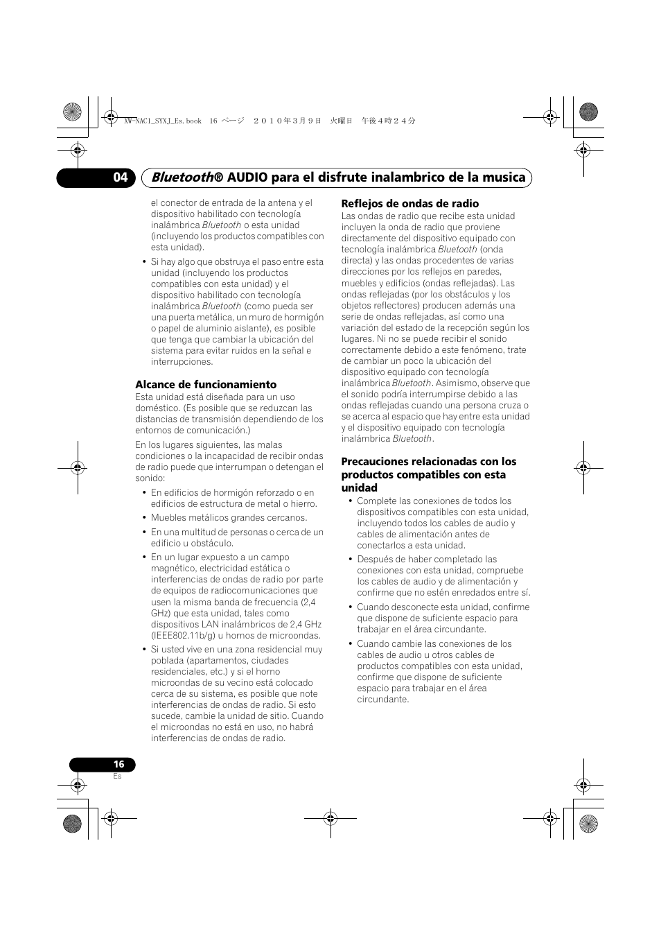 Bluetooth, Audio para el disfrute inalambrico de la musica 04 | Pioneer XW-NAC1 User Manual | Page 56 / 64