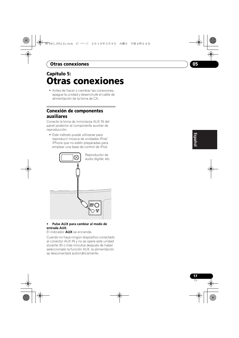 05 otras conexiones, Conexión de componentes auxiliares, Otras conexiones | Otras conexiones 05, Capítulo 5 | Pioneer XW-NAC1 User Manual | Page 57 / 64