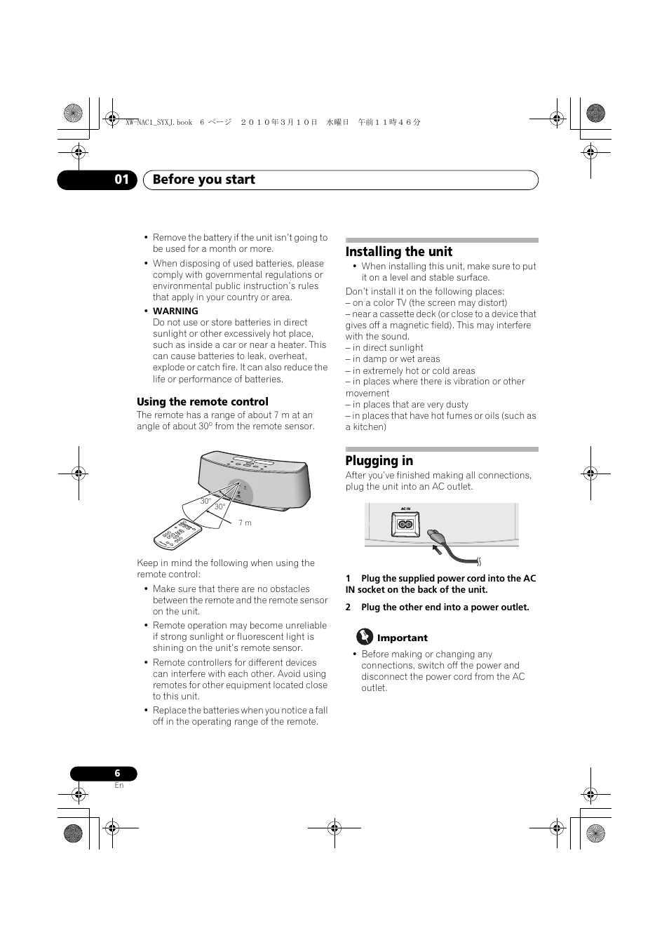 Using the remote control, Installing the unit, Plugging in | Before you start 01 | Pioneer XW-NAC1 User Manual | Page 6 / 64