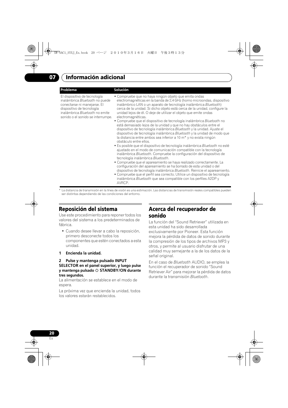 Información adicional 07, Reposición del sistema, Acerca del recuperador de sonido | Pioneer XW-NAC1 User Manual | Page 60 / 64