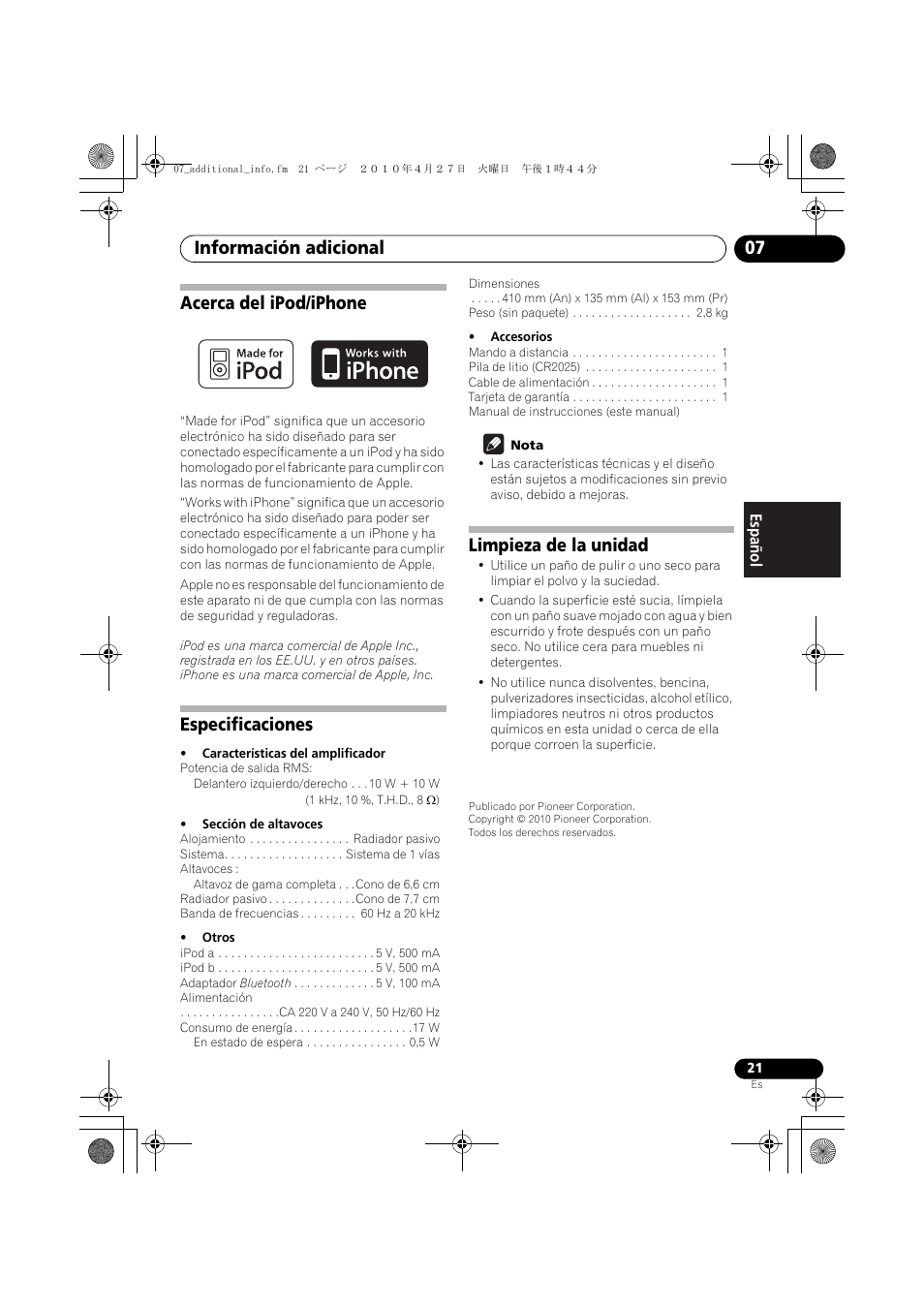 Información adicional 07, Acerca del ipod/iphone, Especificaciones | Limpieza de la unidad | Pioneer XW-NAC1 User Manual | Page 61 / 64