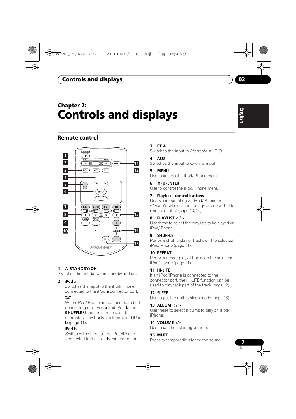 02 controls and displays, Remote control, Controls and displays | Controls and displays 02, Chapter 2 | Pioneer XW-NAC1 User Manual | Page 7 / 64
