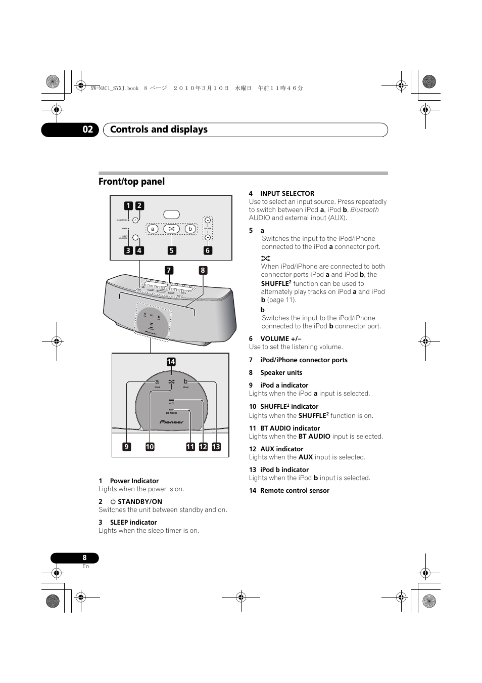 Front/top panel, Controls and displays 02 | Pioneer XW-NAC1 User Manual | Page 8 / 64