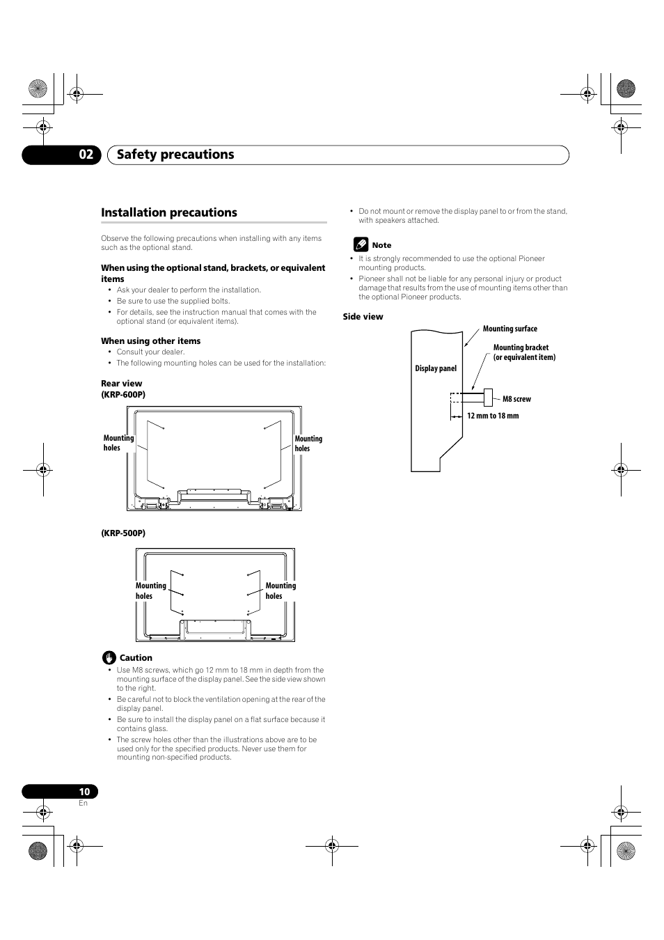Installation precautions, Safety precautions 02 | Pioneer KRP-600A User Manual | Page 10 / 345