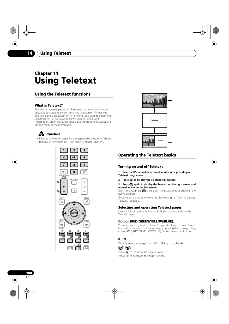 14 using teletext, Using teletext, Using teletext 14 | Chapter 14, Using the teletext functions, Operating the teletext basics | Pioneer KRP-600A User Manual | Page 100 / 345