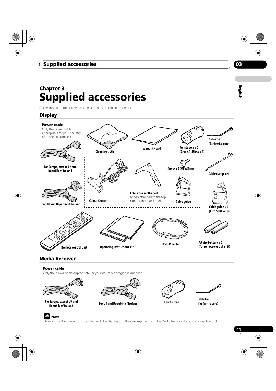 03 supplied accessories, Display media receiver, Supplied accessories | Supplied accessories 03, Chapter 3 | Pioneer KRP-600A User Manual | Page 11 / 345