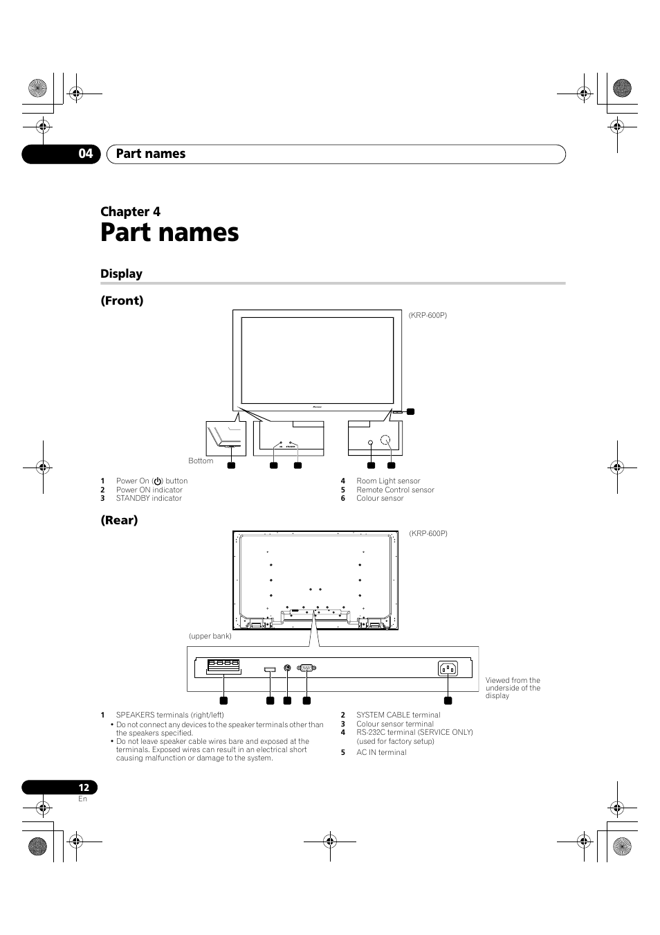 04 part names, Display, Part names | Part names 04, Chapter 4, Display (front), Rear) | Pioneer KRP-600A User Manual | Page 12 / 345