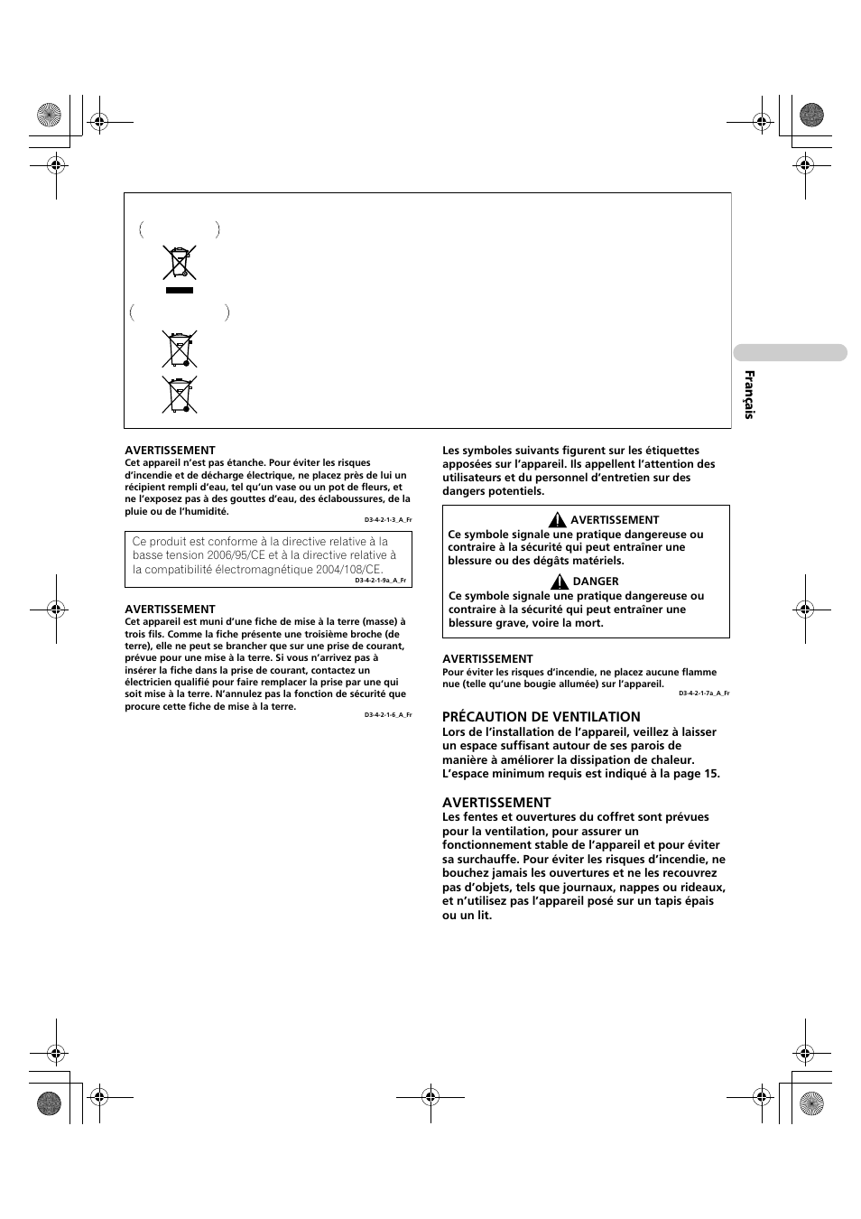 Précaution de ventilation, Avertissement, Français | Pioneer KRP-600A User Manual | Page 127 / 345