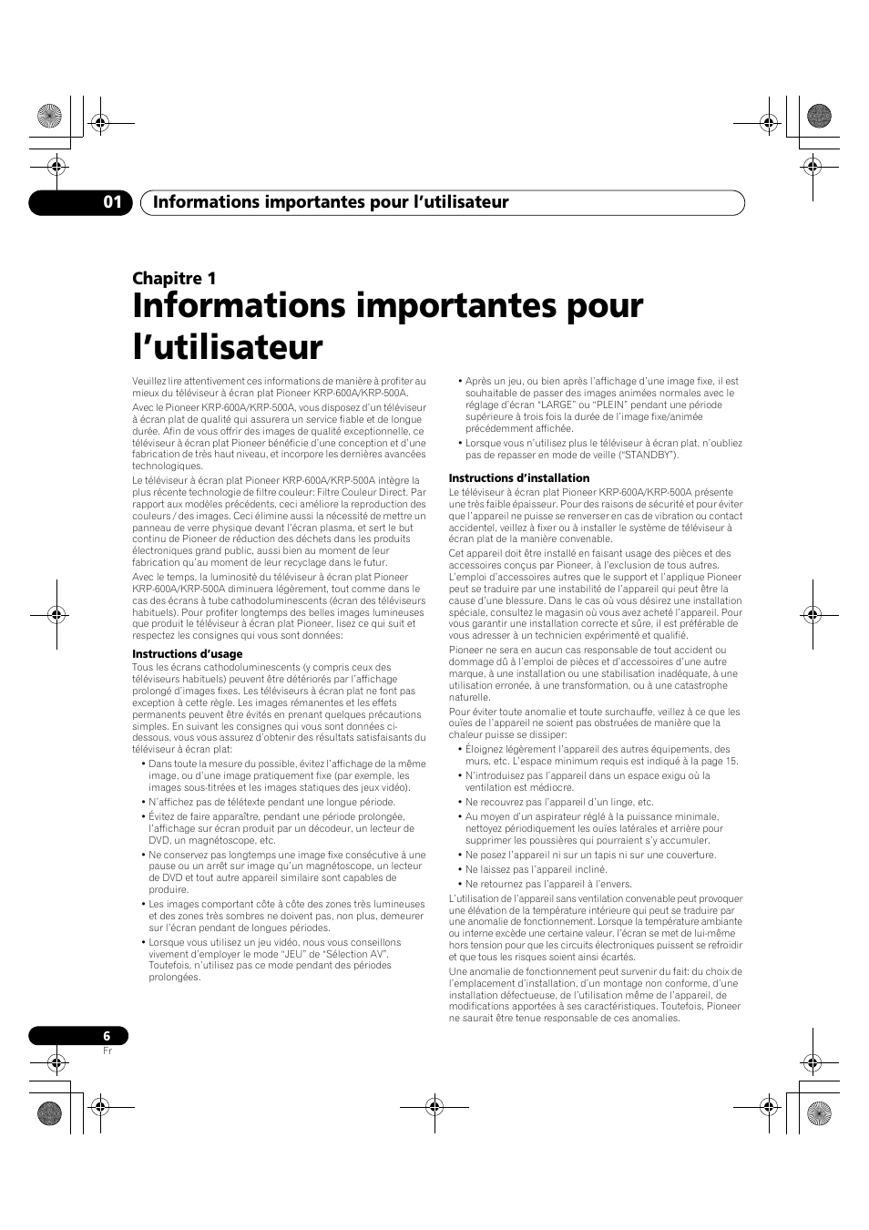 01 informations importantes pour, L’utilisateur, Informations importantes pour l’utilisateur | Informations importantes pour l’utilisateur 01, Chapitre 1 | Pioneer KRP-600A User Manual | Page 130 / 345